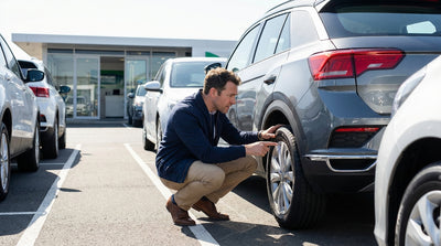 A person crouching to inspect the tire of a white car rental sedan in a sunny Florida lot