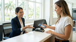 Person tapping a smartphone on a contactless card reader at a car rental desk in Florida