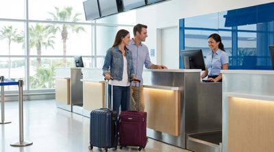 A traveler with a suitcase walking through the Miami airport terminal toward the car hire desks