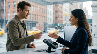A person hands a credit card to an agent at a car rental desk for a vehicle pick-up in New York City