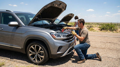 A person connects jumper cables to a battery located in the trunk of their Texas car hire on the roadside