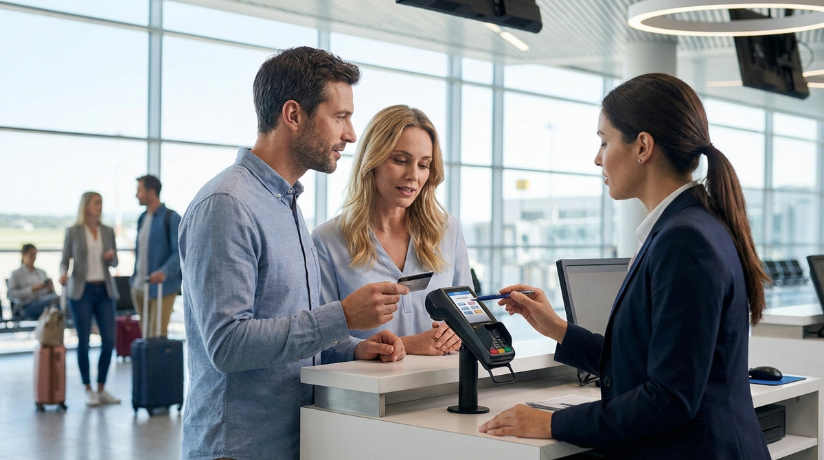 A traveler at a New York airport car hire desk presenting a credit card for payment