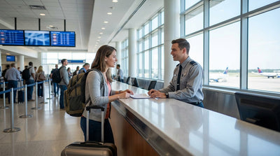 A traveler checks their watch at a quiet car rental desk in the Los Angeles airport terminal