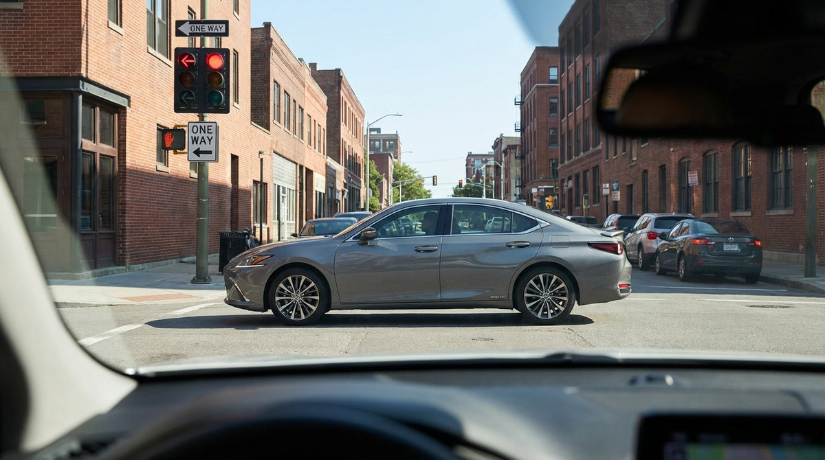 A car hire vehicle stopped at a red traffic light on a one-way street with historic buildings in Philadelphia, Pennsylvania