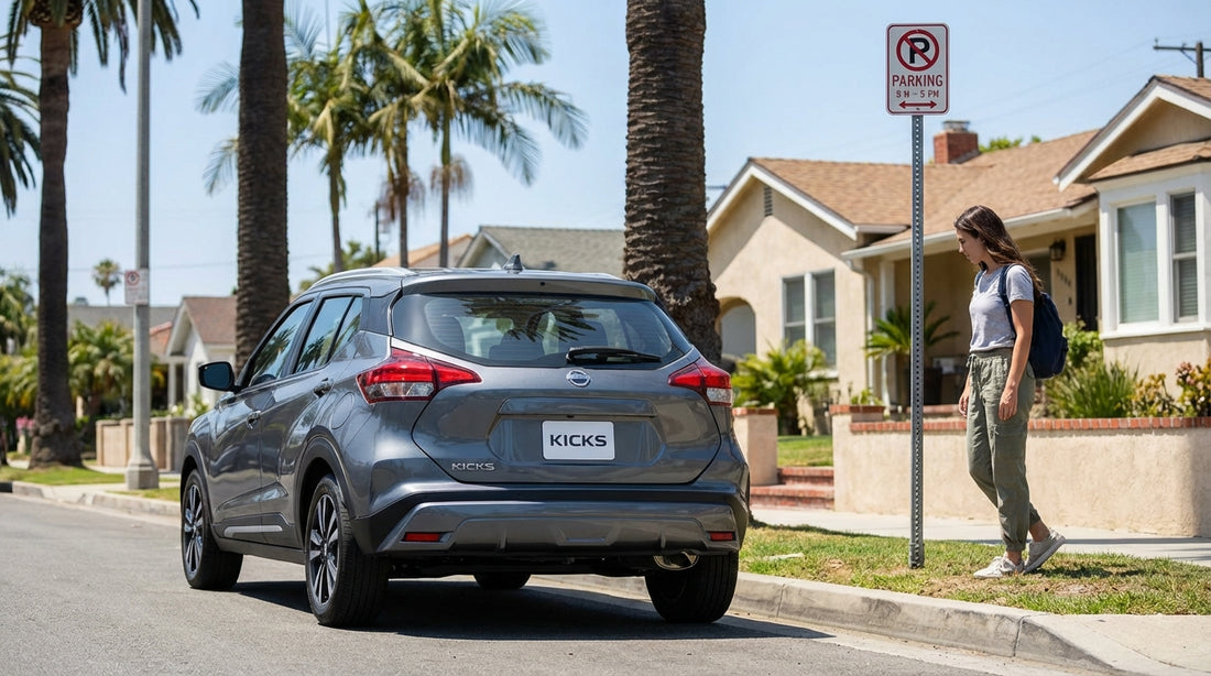A car hire parked on a sunny Los Angeles street next to a red and white street sweeping sign