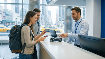 A car hire driving across the Brooklyn Bridge with the lower Manhattan, New York skyline in the background