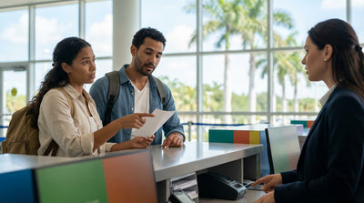 A traveler at a car rental desk in a Florida airport, holding a voucher and speaking with an agent