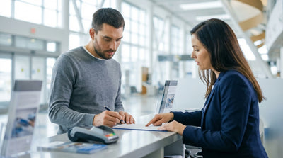 A driver sits in their car hire, reviewing the rental agreement paperwork in the United States