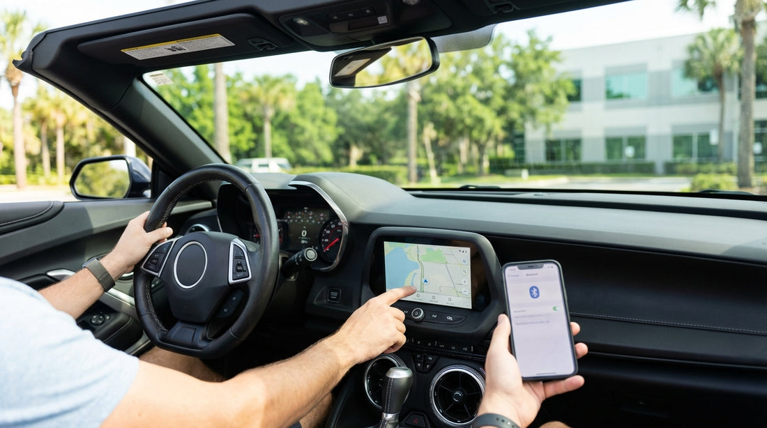 A person's hand setting up the navigation and Bluetooth on a modern car rental dashboard in Orlando