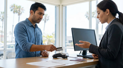 A convertible car hire driving on a scenic highway along the sunny California coast