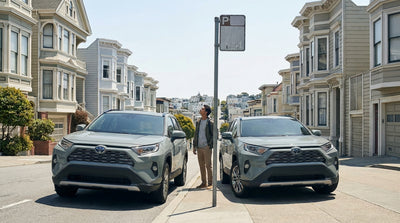 A car hire parked on a residential street with colorful Victorian homes in San Francisco