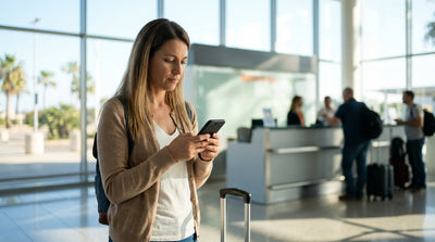 A red convertible car rental driving down sunny Ocean Drive in Miami with palm trees and art deco hotels