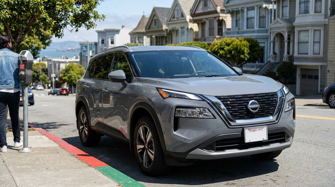 A car rental parked on a steep San Francisco street next to a curb painted with green and white markings