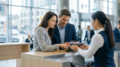 A person's view from their car hire driving across a bridge toward the New York City skyline at sunset