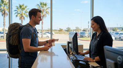 A silver car rental driving on a scenic highway through the vast Texas landscape at sunset