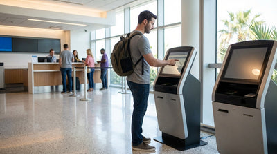 A traveler uses a self-service car rental kiosk in the bright, modern terminal of Orlando Airport