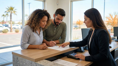 A person carefully reviews a car hire agreement while standing by their vehicle on a road in Texas