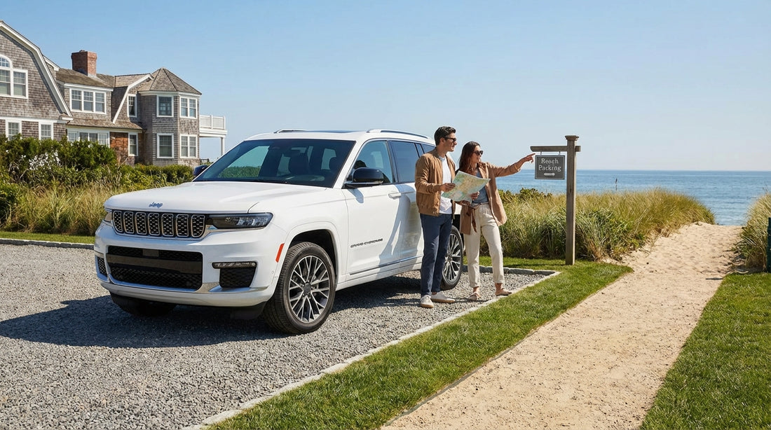 A silver car hire parked by a wooden fence on a sunny Hamptons beach, a popular day trip from New York