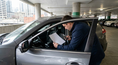 A person uses a phone to photograph the paper registration on the back of a New York car hire parked on a city street
