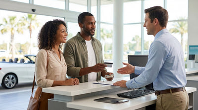 Two people discussing their car hire agreement with a rental agent at a desk in Orlando
