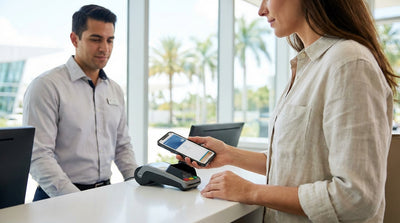 A person uses their smartphone to pay for a car rental at a service desk in Miami