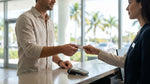 Customer handing a credit card to a service agent at a car rental desk in Miami