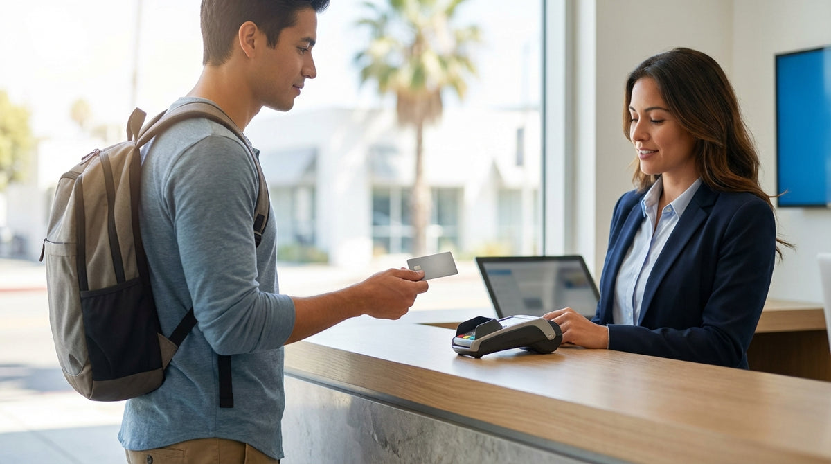 A person driving a car rental convertible under the sunny palm trees of Los Angeles