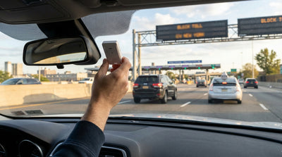 A car rental approaching an E-ZPass toll plaza on a highway in New York
