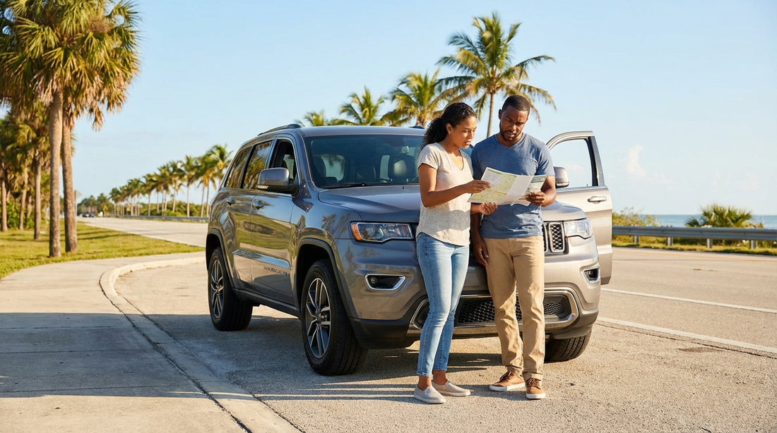 A convertible car hire driving down a sunny coastal road in Florida with palm trees