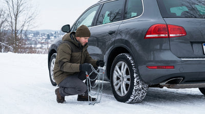A car rental with snow chains drives down a snowy New York road