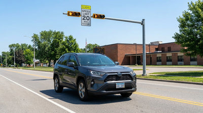 A car hire vehicle slows for a flashing school zone speed limit sign on a suburban Texas road