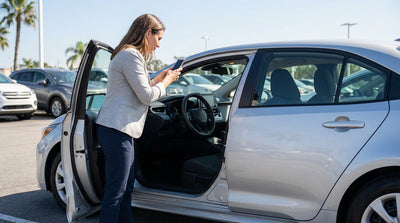 A person uses a smartphone to photograph the dashboard of their car rental vehicle in a sunny California lot