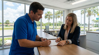 Scenic view of a car hire driving down a palm tree-lined highway in sunny Florida