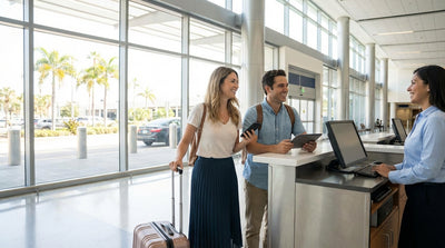 A row of clean cars ready for car rental under the bright sunshine at the Miami Airport center