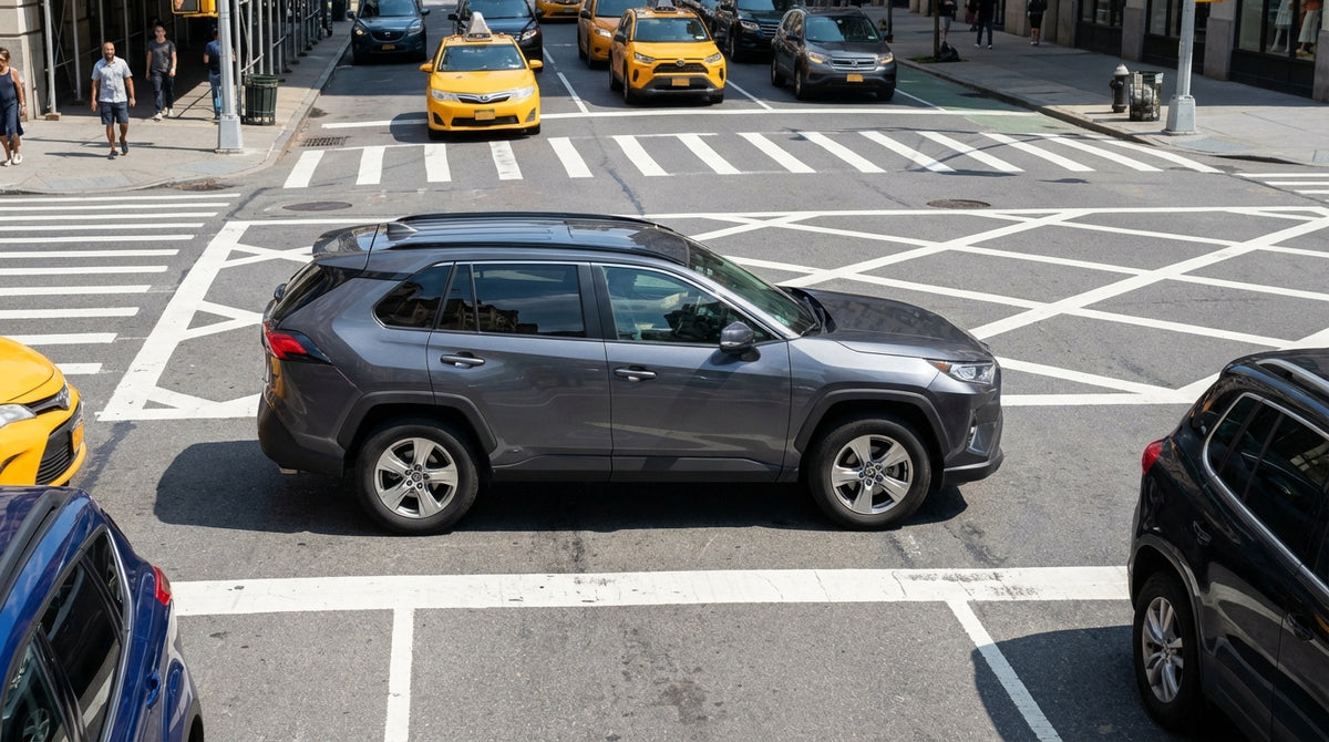 A car rental stopped in heavy traffic at a busy intersection in New York City with yellow cabs