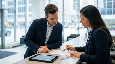 A car rental drives through a busy street in New York City with yellow cabs and skyscrapers in the background