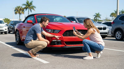A person photographs their car hire with a phone in a sunny Miami parking lot surrounded by palm trees