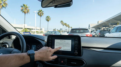 A driver inspects the interior of their car rental at a sunny pick-up location in Los Angeles