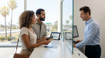 A person shows their driver's license to an agent at a car hire counter in a bright California airport terminal