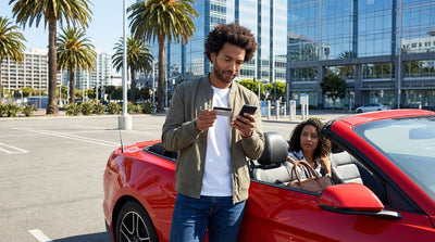 A modern car hire driving over the iconic Golden Gate Bridge in San Francisco under a clear blue sky