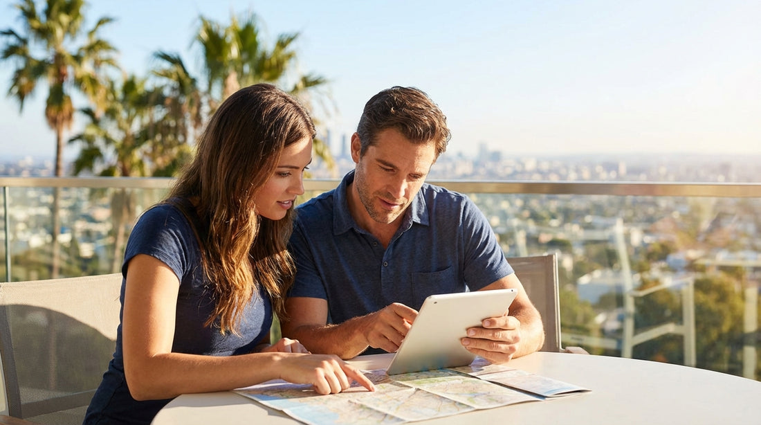 A convertible car hire driving down a sunny, palm-tree-lined street in Los Angeles