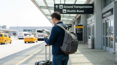Travelers with luggage waiting for a car rental shuttle bus outside a JFK Airport terminal in New York
