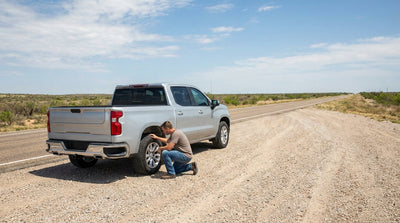 A modern car rental pulled over with its hood up on a quiet, scenic highway in Texas