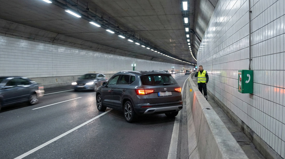 A car hire vehicle with hazard lights on stopped inside a brightly lit tunnel in Pittsburgh, Pennsylvania