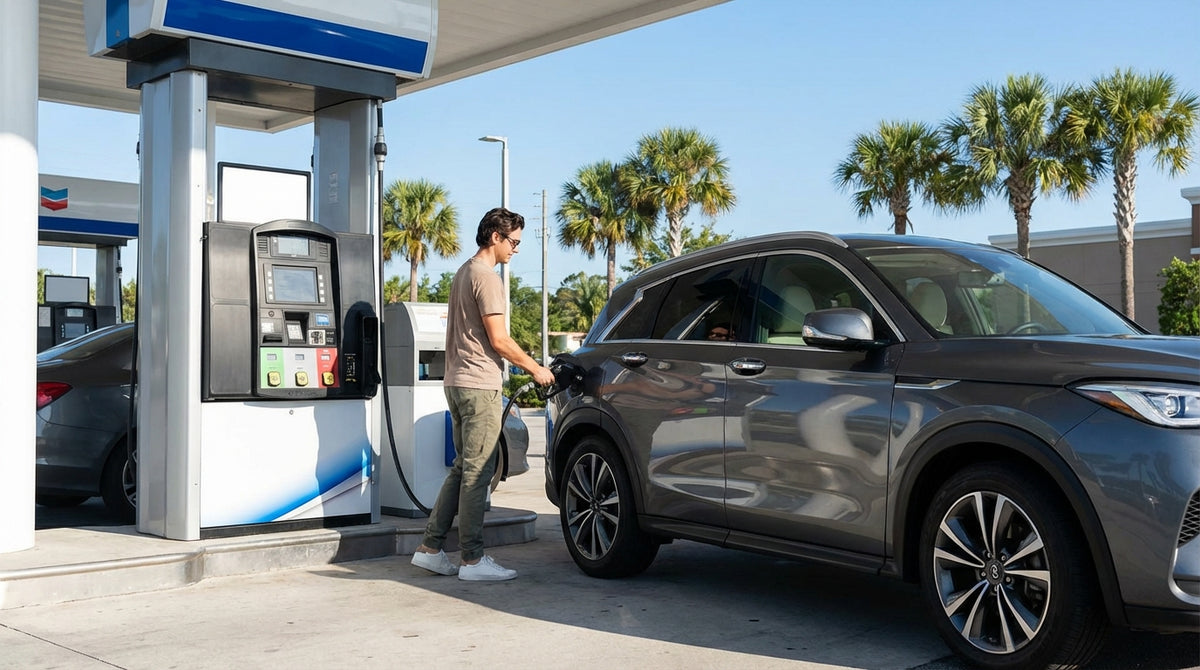 A silver car hire being refueled at a sunny gas station with palm trees in Orlando