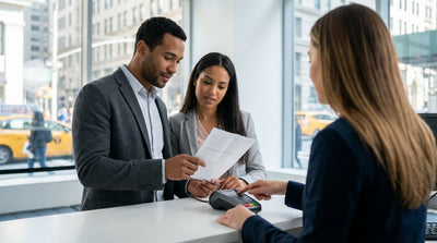 A person holding car hire keys with a blurred background of yellow taxis on a busy street in New York City