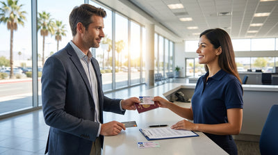 A red convertible car hire driving on a sunny, winding coastal road in California