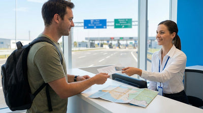 A car hire sedan driving on a highway leaving New York City with the skyline visible in the distance