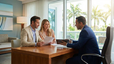 A convertible car rental driving along a sunny Ocean Drive in Miami with palm trees and Art Deco buildings