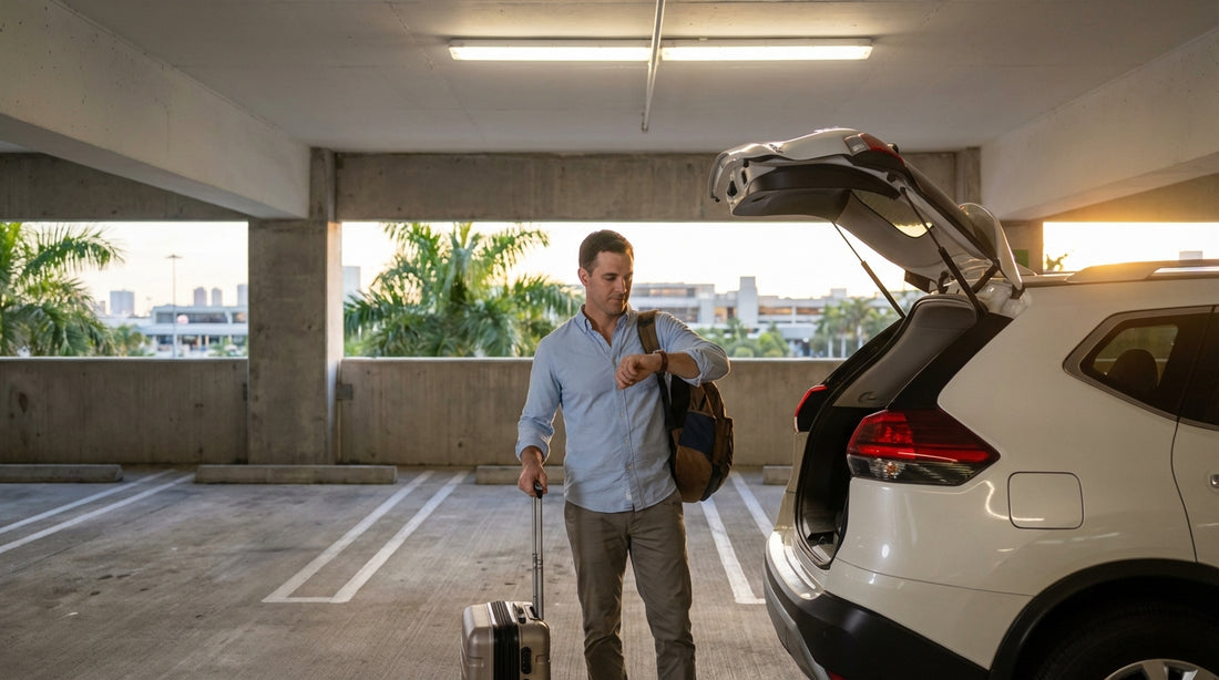 A car hire vehicle approaching the Miami airport terminal for an early morning return as the sun rises